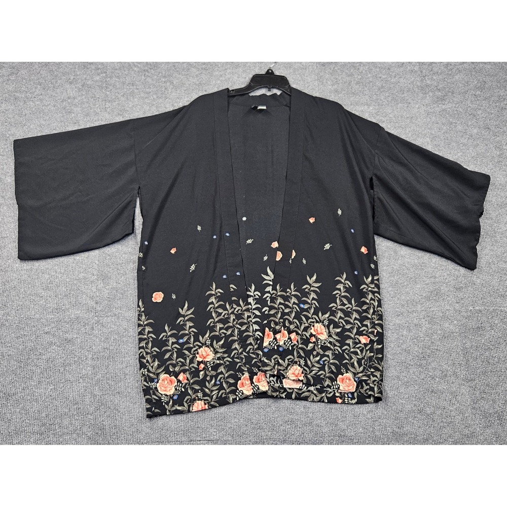 HM Divided Women Floral Kimono Cardigan Black Rose Print Open Front Large